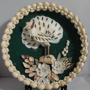 Handcrafted Shell Art Bird Wall Plate - White and Green